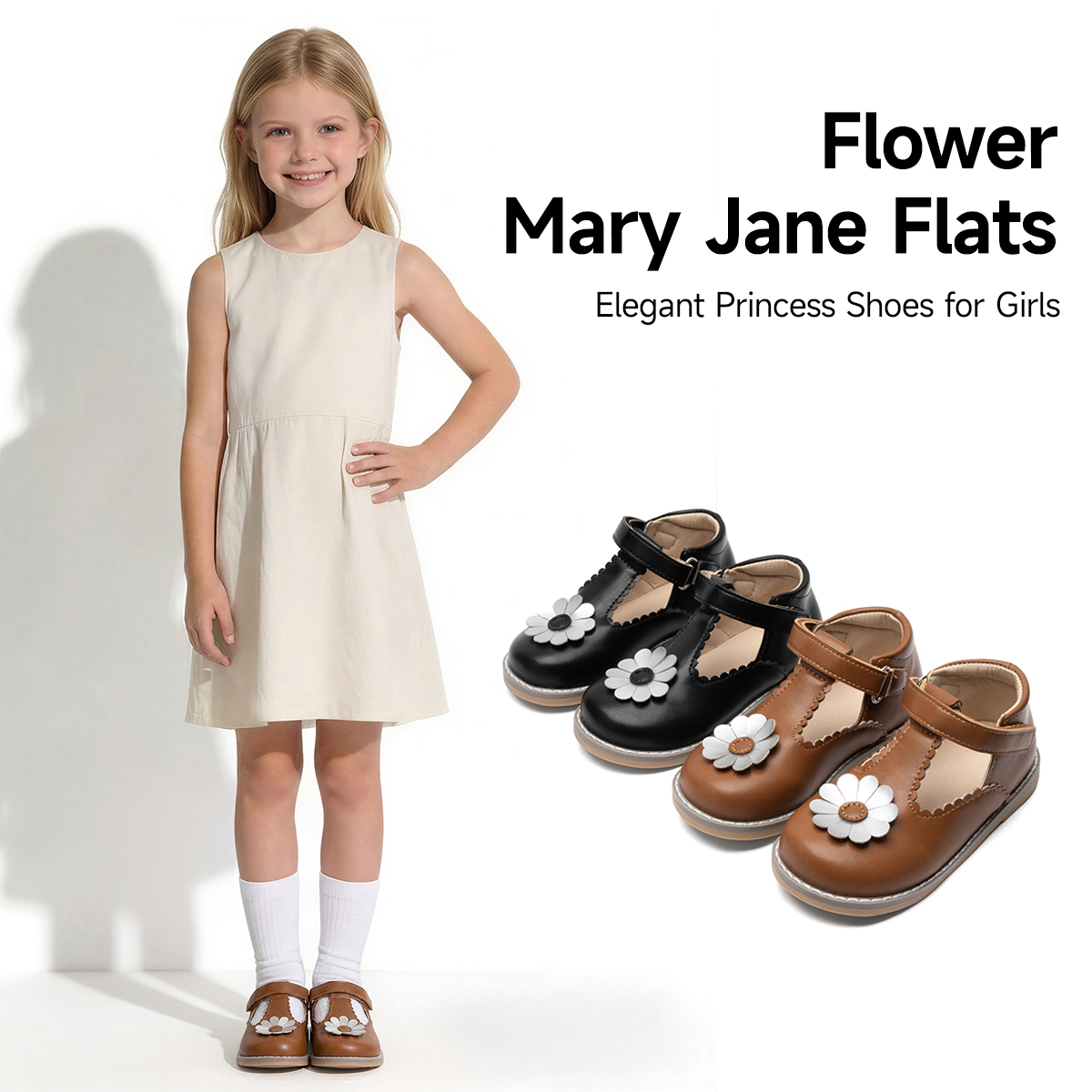 Velcro Hook Loop - Girls Flower Decor T-Strap Mary Jane